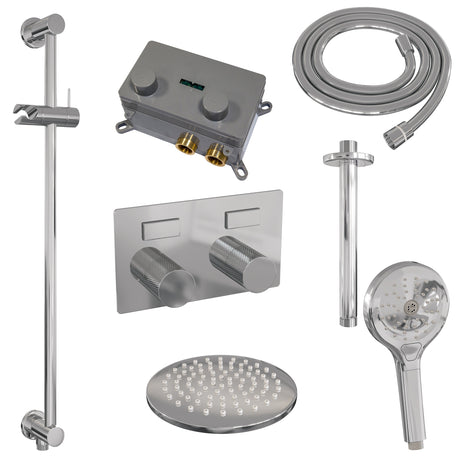 BRAUER Chrome Carving thermostatische inbouw regendouche met drukknoppen SET 71 met 20 cm douchekop en plafondarm en 3-standen handdouche en doucheslang en geïntegreerde glijstang chroom