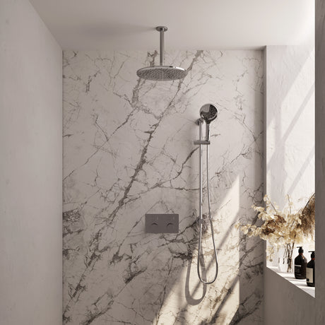 BRAUER Chrome Carving thermostatische inbouw regendouche met drukknoppen SET 72 met 30 cm douchekop en plafondarm en 3-standen handdouche en doucheslang en geïntegreerde glijstang chroom