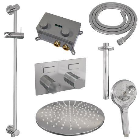 BRAUER Chrome Carving thermostatische inbouw regendouche met drukknoppen SET 72 met 30 cm douchekop en plafondarm en 3-standen handdouche en doucheslang en geïntegreerde glijstang chroom