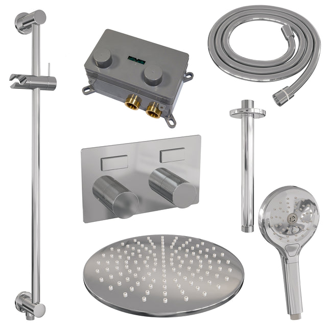 BRAUER Chrome Carving thermostatische inbouw regendouche met drukknoppen SET 72 met 30 cm douchekop en plafondarm en 3-standen handdouche en doucheslang en geïntegreerde glijstang chroom