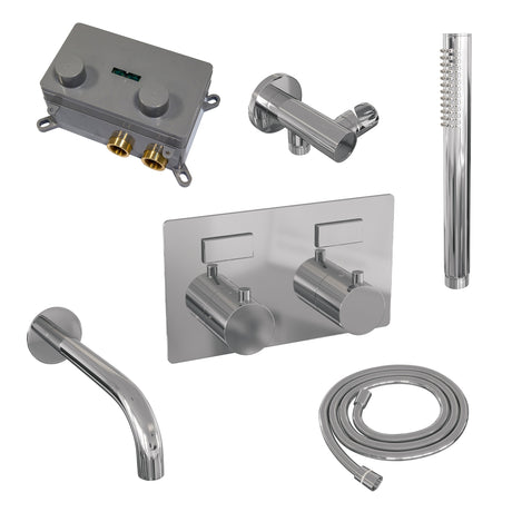BRAUER Chrome Edition thermostatische inbouw badkraan met drukknoppen SET 03 met uitloop en staaf handdouche en doucheslang en wandaansluitbocht chroom