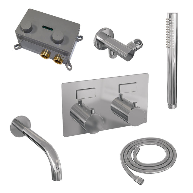 BRAUER Chrome Edition thermostatische inbouw badkraan met drukknoppen SET 03 met uitloop en staaf handdouche en doucheslang en wandaansluitbocht chroom