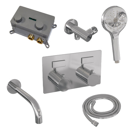BRAUER Chrome Edition thermostatische inbouw badkraan met drukknoppen SET 04 met uitloop en 3-standen handdouche en doucheslang en wandaansluitbocht chroom