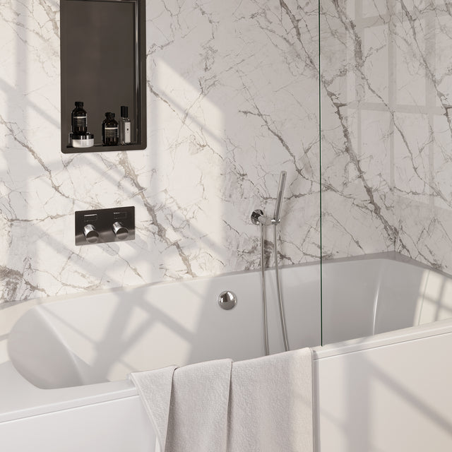 BRAUER Chrome Carving thermostatische inbouw badkraan met drukknoppen SET 03 met badvulcombinatie en staaf handdouche en doucheslang en wandaansluitbocht chroom