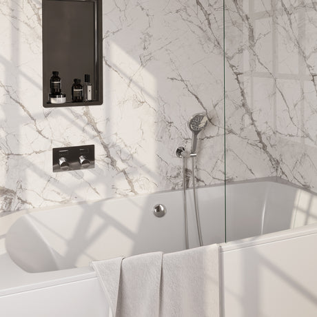 BRAUER Chrome Carving thermostatische inbouw badkraan met drukknoppen SET 04 met badvulcombinatie en 3-standen handdouche en doucheslang en wandaansluitbocht chroom