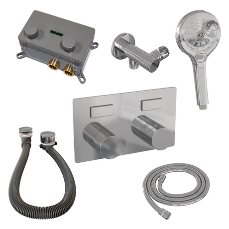BRAUER Chrome Carving thermostatische inbouw badkraan met drukknoppen SET 04 met badvulcombinatie en 3-standen handdouche en doucheslang en wandaansluitbocht chroom