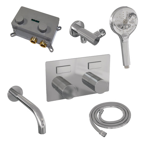 BRAUER Chrome Carving thermostatische inbouw badkraan met drukknoppen SET 04 met uitloop en 3-standen handdouche en doucheslang en wandaansluitbocht chroom