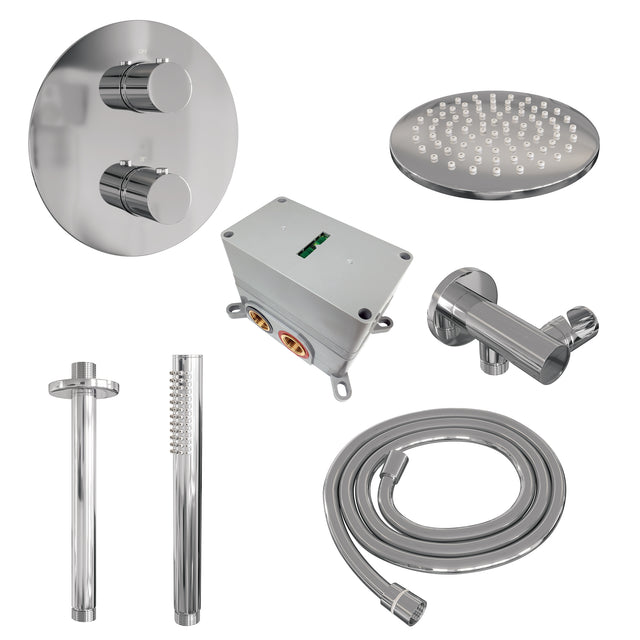 BRAUER Chrome Edition thermostatische inbouw regendouche 3-weg rond SET 77 met 20 cm douchekop en plafondarm en staaf handdouche en doucheslang en wandaansluitbocht chroom 5-CE-271