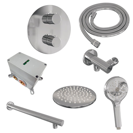 BRAUER Chrome Edition thermostatische inbouw regendouche 3-weg rond SET 79 met 20 cm douchekop en rechte muurarm en 3-standen handdouche en doucheslang en wandaansluitbocht chroom 5-CE-273