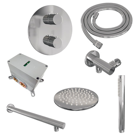 BRAUER Chrome Carving thermostatische inbouw regendouche 3-weg rond SET 73 met 20 cm douchekop en rechte muurarm en staaf handdouche en doucheslang en wandaansluitbocht chroom