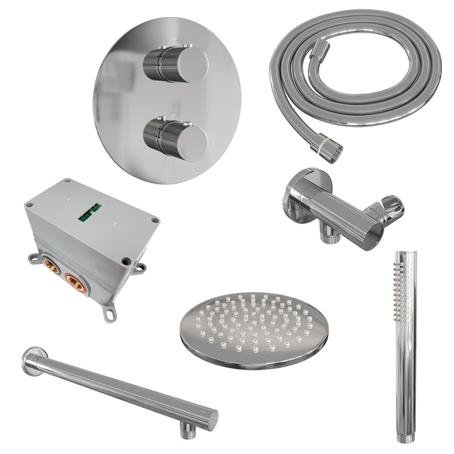BRAUER Chrome Carving thermostatische inbouw regendouche 3-weg rond SET 73 met 20 cm douchekop en rechte muurarm en staaf handdouche en doucheslang en wandaansluitbocht chroom