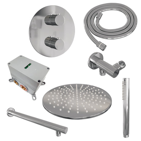BRAUER Chrome Carving thermostatische inbouw regendouche 3-weg rond SET 74 met 30 cm douchekop en rechte muurarm en staaf handdouche en doucheslang en wandaansluitbocht chroom