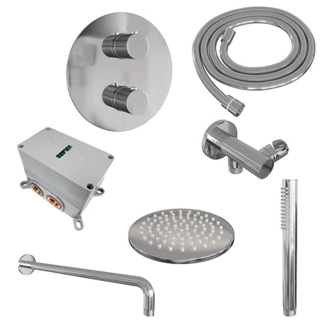 BRAUER Chrome Carving thermostatische inbouw regendouche 3-weg rond SET 75 met 20 cm douchekop en gebogen muurarm en staaf handdouche en doucheslang en wandaansluitbocht chroom