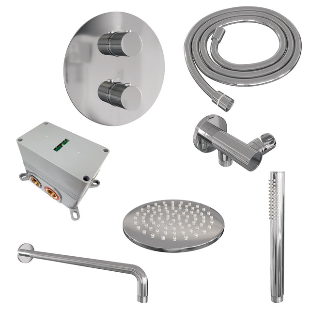 BRAUER Chrome Carving thermostatische inbouw regendouche 3-weg rond SET 75 met 20 cm douchekop en gebogen muurarm en staaf handdouche en doucheslang en wandaansluitbocht chroom
