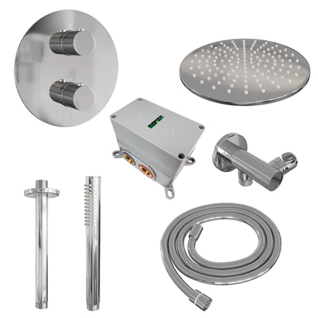 BRAUER Chrome Carving thermostatische inbouw regendouche 3-weg rond SET 78 met 30 cm douchekop en plafondarm en staaf handdouche en doucheslang en wandaansluitbocht chroom