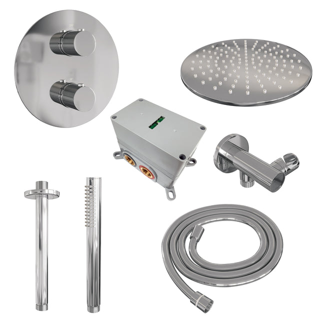 BRAUER Chrome Carving thermostatische inbouw regendouche 3-weg rond SET 78 met 30 cm douchekop en plafondarm en staaf handdouche en doucheslang en wandaansluitbocht chroom