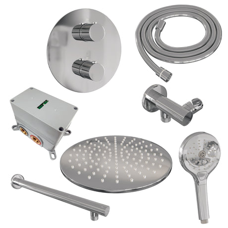 BRAUER Chrome Carving thermostatische inbouw regendouche 3-weg rond SET 80 met 30 cm douchekop en rechte muurarm en 3-standen handdouche en doucheslang en wandaansluitbocht chroom