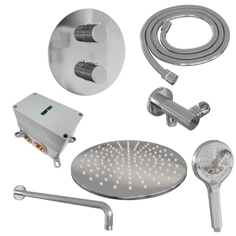 BRAUER Chrome Carving thermostatische inbouw regendouche 3-weg rond SET 82 met 30 cm douchekop en gebogen muurarm en 3-standen handdouche en doucheslang en wandaansluitbocht chroom