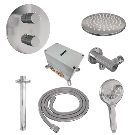 BRAUER Chrome Carving thermostatische inbouw regendouche 3-weg rond SET 83 met 20 cm douchekop en plafondarm en 3-standen handdouche en doucheslang en wandaansluitbocht chroom