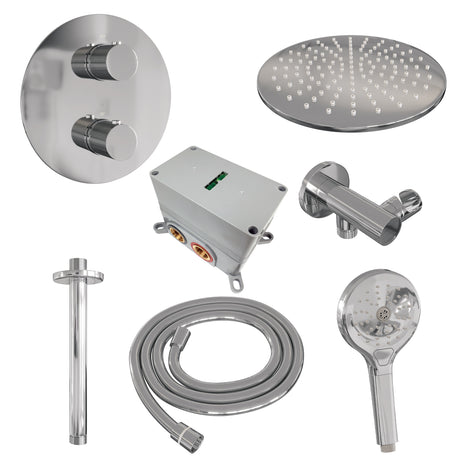 BRAUER Chrome Carving thermostatische inbouw regendouche 3-weg rond SET 84 met 30 cm douchekop en plafondarm en 3-standen handdouche en doucheslang en wandaansluitbocht chroom 5-CE-302