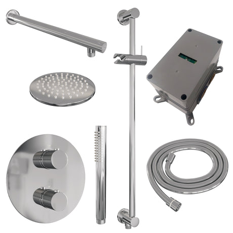BRAUER Chrome Carving thermostatische inbouw regendouche 3-weg rond SET 85 met 20 cm douchekop en rechte muurarm en staaf handdouche en doucheslang en geÃ¯ntegreerde glijstang chroom 5-CE-303