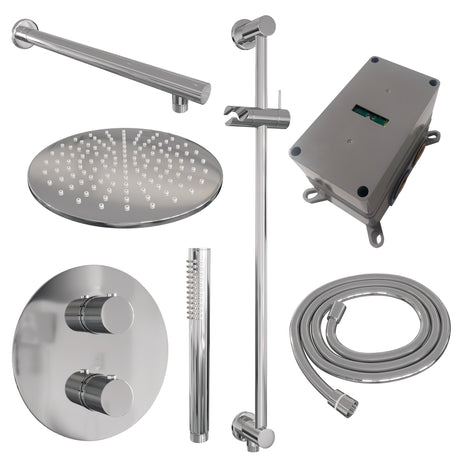 BRAUER Chrome Carving thermostatische inbouw regendouche 3-weg rond SET 86 met 30 cm douchekop en rechte muurarm en staaf handdouche en doucheslang en geÃ¯ntegreerde glijstang chroom 5-CE-304