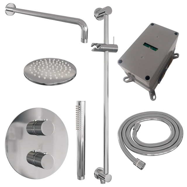 BRAUER Chrome Carving thermostatische inbouw regendouche 3-weg rond SET 87 met 20 cm douchekop en gebogen muurarm en staaf handdouche en doucheslang en geÃ¯ntegreerde glijstang chroom 5-CE-305