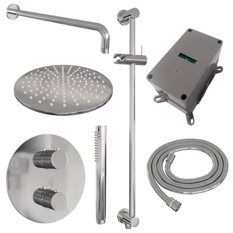 BRAUER Chrome Carving thermostatische inbouw regendouche 3-weg rond SET 88 met 30 cm douchekop en gebogen muurarm en staaf handdouche en doucheslang en geÃ¯ntegreerde glijstang chroom 5-CE-306