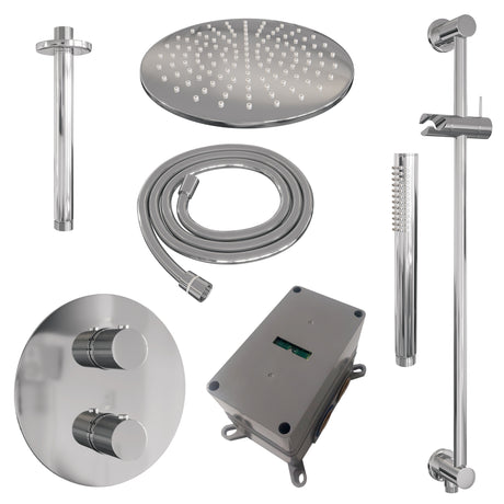 BRAUER Chrome Carving thermostatische inbouw regendouche 3-weg rond SET 90 met 30 cm douchekop en plafondarm en staaf handdouche en doucheslang en geÃ¯ntegreerde glijstang chroom 5-CE-308