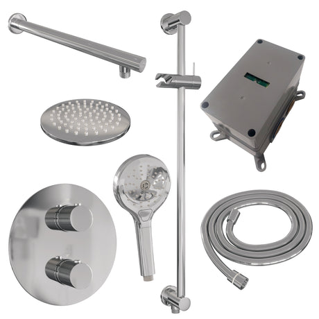 BRAUER Chrome Carving thermostatische inbouw regendouche 3-weg rond SET 91 met 20 cm douchekop en rechte muurarm en 3-standen handdouche en doucheslang en geÃ¯ntegreerde glijstang chroom 5-CE-309