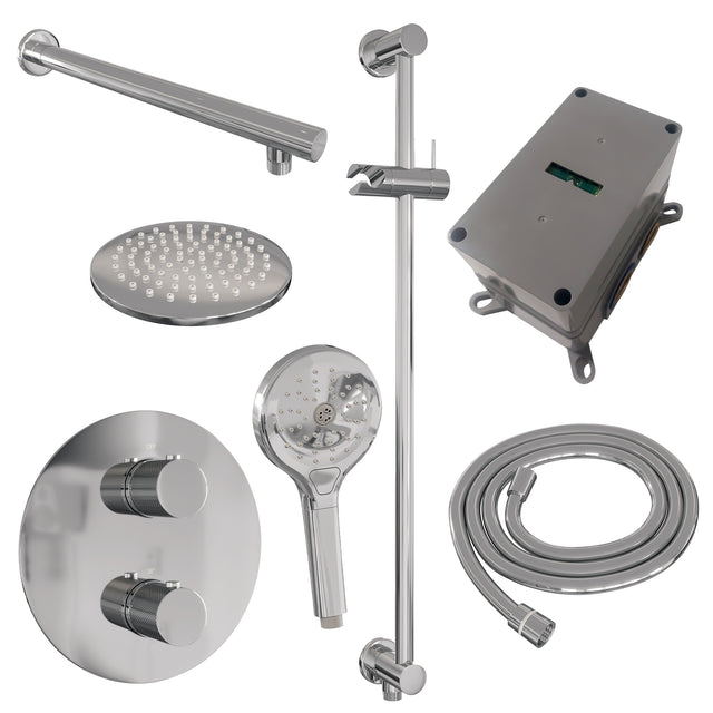 BRAUER Chrome Carving thermostatische inbouw regendouche 3-weg rond SET 91 met 20 cm douchekop en rechte muurarm en 3-standen handdouche en doucheslang en geÃ¯ntegreerde glijstang chroom 5-CE-309