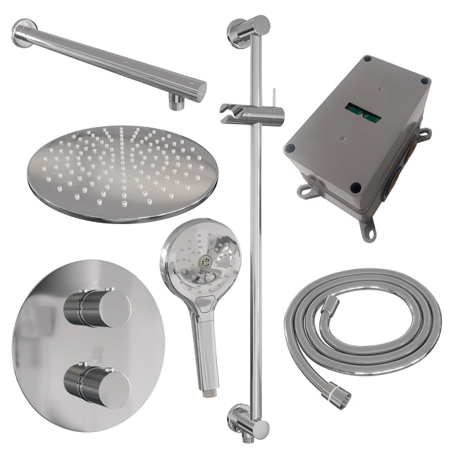 BRAUER Chrome Carving thermostatische inbouw regendouche 3-weg rond SET 92 met 30 cm douchekop en rechte muurarm en 3-standen handdouche en doucheslang en geÃ¯ntegreerde glijstang chroom 5-CE-310