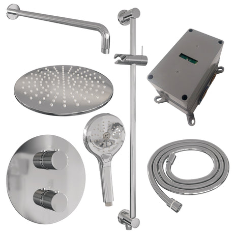 BRAUER Chrome Carving thermostatische inbouw regendouche 3-weg rond SET 94 met 30 cm douchekop en gebogen muurarm en 3-standen handdouche en doucheslang en geÃ¯ntegreerde glijstang chroom 5-CE-312