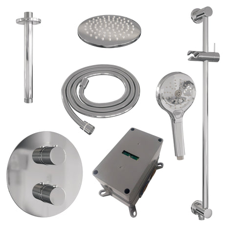 BRAUER Chrome Carving thermostatische inbouw regendouche 3-weg rond SET 95 met 20 cm douchekop en plafondarm en 3-standen handdouche en doucheslang en geÃ¯ntegreerde glijstang chroom 5-CE-313