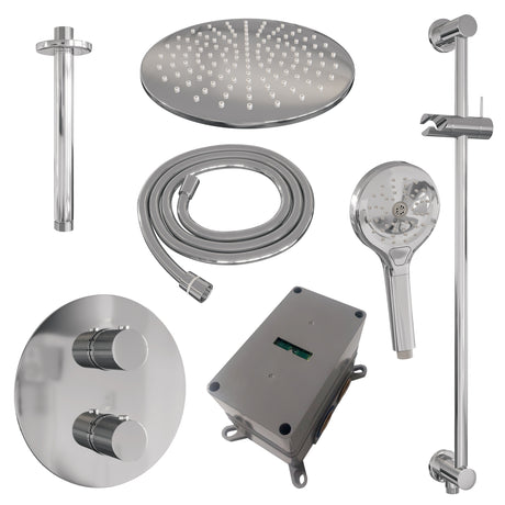 BRAUER Chrome Carving thermostatische inbouw regendouche 3-weg rond SET 96 met 30 cm douchekop en plafondarm en 3-standen handdouche en doucheslang en geÃ¯ntegreerde glijstang chroom 5-CE-314