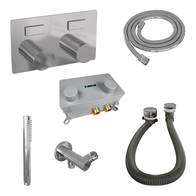 BRAUER Stripe thermostatische inbouw badkraan met drukknoppen SET 03 met badvulcombinatie en staaf handdouche en doucheslang en wandaansluitbocht chroom 5-CE-361