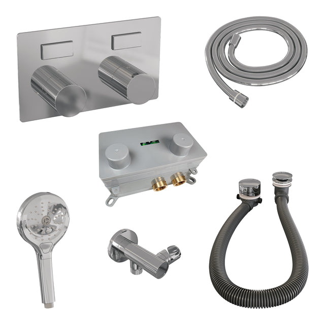 BRAUER Stripe thermostatische inbouw badkraan met drukknoppen SET 04 met badvulcombinatie en 3-standen handdouche en doucheslang en wandaansluitbocht chroom 5-CE-362