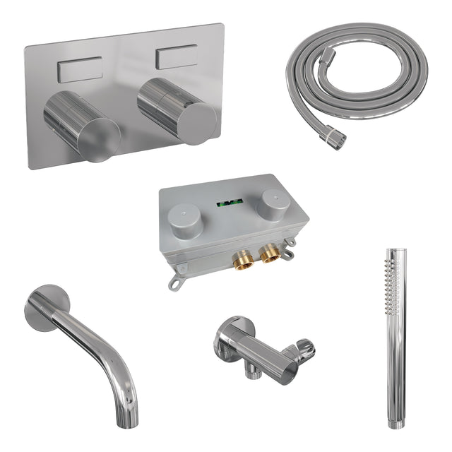 BRAUER Stripe thermostatische inbouw badkraan met drukknoppen SET 03 met uitloop en staaf handdouche en doucheslang en wandaansluitbocht chroom 5-CE-363