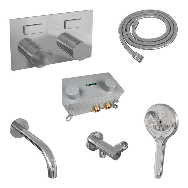 BRAUER Stripe thermostatische inbouw badkraan met drukknoppen SET 04 met uitloop en 3-standen handdouche en doucheslang en wandaansluitbocht chroom 5-CE-364