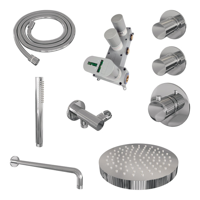 BRAUER Stripe thermostatische inbouw regendouche SET 02 met 25 cm douchekop en gebogen muurarm en staaf handdouche en doucheslang en wandaansluitbocht chroom 5-CE-367
