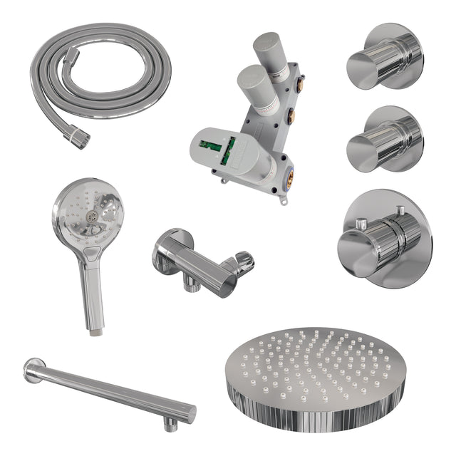 BRAUER Stripe thermostatische inbouw regendouche SET 04 met 25 cm douchekop en rechte muurarm en 3-standen handdouche en doucheslang en wandaansluitbocht chroom 5-CE-371