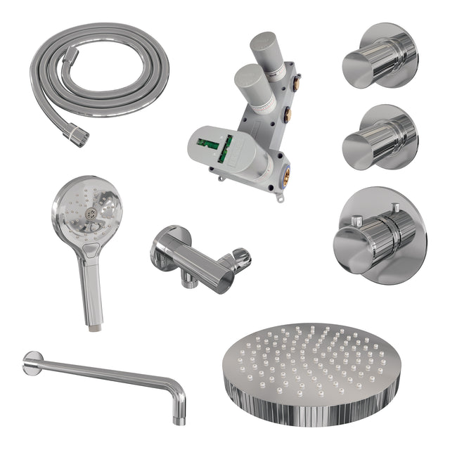 BRAUER Stripe thermostatische inbouw regendouche SET 05 met 25 cm douchekop en gebogen muurarm en 3-standen handdouche en doucheslang en wandaansluitbocht chroom 5-CE-373