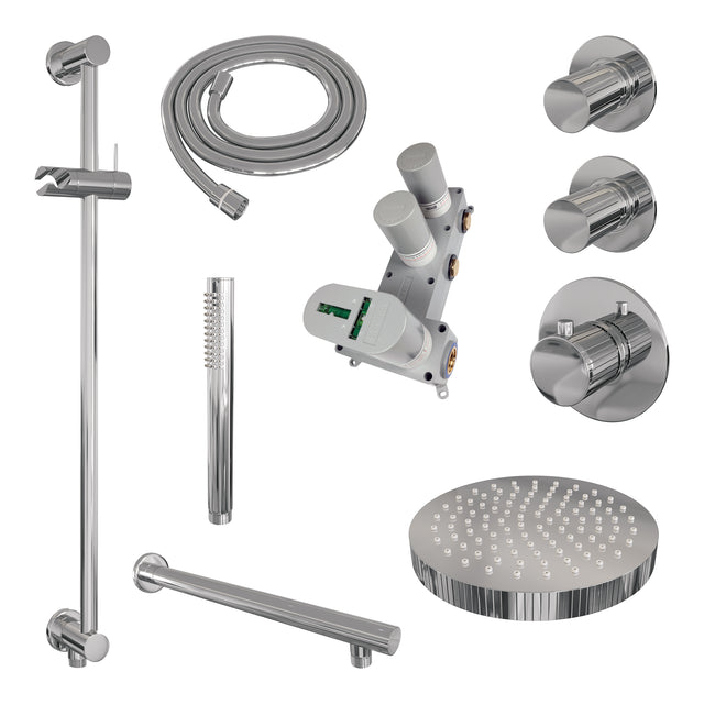 BRAUER Stripe thermostatische inbouw regendouche SET 07 met 25 cm douchekop en rechte muurarm en staaf handdouche en doucheslang en geïntegreerde glijstang chroom 5-CE-377