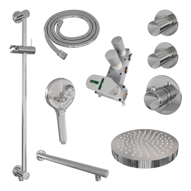 BRAUER Stripe thermostatische inbouw regendouche SET 10 met 25 cm douchekop en rechte muurarm en 3-standen handdouche en doucheslang en geïntegreerde glijstang chroom 5-CE-383