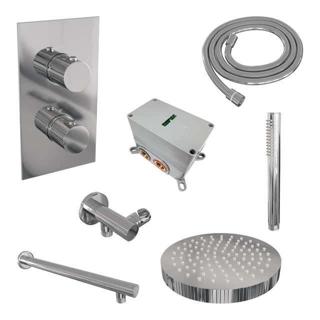 BRAUER Stripe thermostatische inbouw regendouche 3-weg rechthoekig SET 13 met 25 cm douchekop en rechte muurarm en staaf handdouche en doucheslang en wandaansluitbocht chroom 5-CE-389