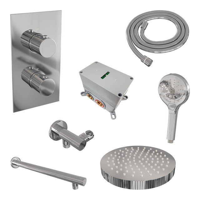 BRAUER Stripe thermostatische inbouw regendouche 3-weg rechthoekig SET 16 met 25 cm douchekop en rechte muurarm en 3-standen handdouche en doucheslang en wandaansluitbocht chroom 5-CE-395