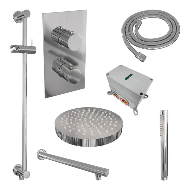 BRAUER Stripe thermostatische inbouw regendouche 3-weg rechthoekig SET 19 met 25 cm douchekop en rechte muurarm en staaf handdouche en doucheslang en geïntegreerde glijstang chroom 5-CE-401
