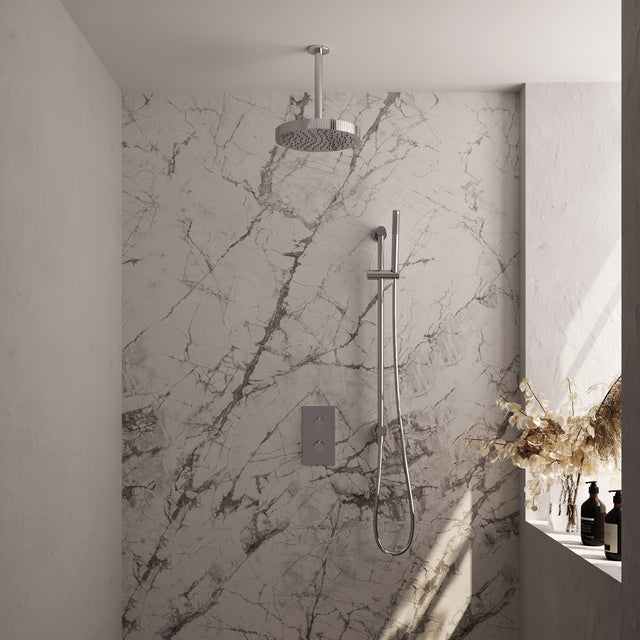BRAUER Stripe thermostatische inbouw regendouche 3-weg rechthoekig SET 21 met 25 cm douchekop en plafondarm en staaf handdouche en doucheslang en geïntegreerde glijstang chroom 5-CE-405