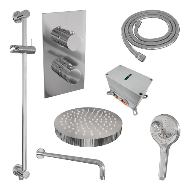 BRAUER Stripe thermostatische inbouw regendouche 3-weg rechthoekig SET 23 met 25 cm douchekop en gebogen muurarm en 3-standen handdouche en doucheslang en geïntegreerde glijstang chroom 5-CE-409