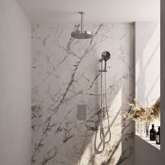 BRAUER Stripe thermostatische inbouw regendouche 3-weg rechthoekig SET 24 met 25 cm douchekop en plafondarm en 3-standen handdouche en doucheslang en geïntegreerde glijstang chroom 5-CE-411